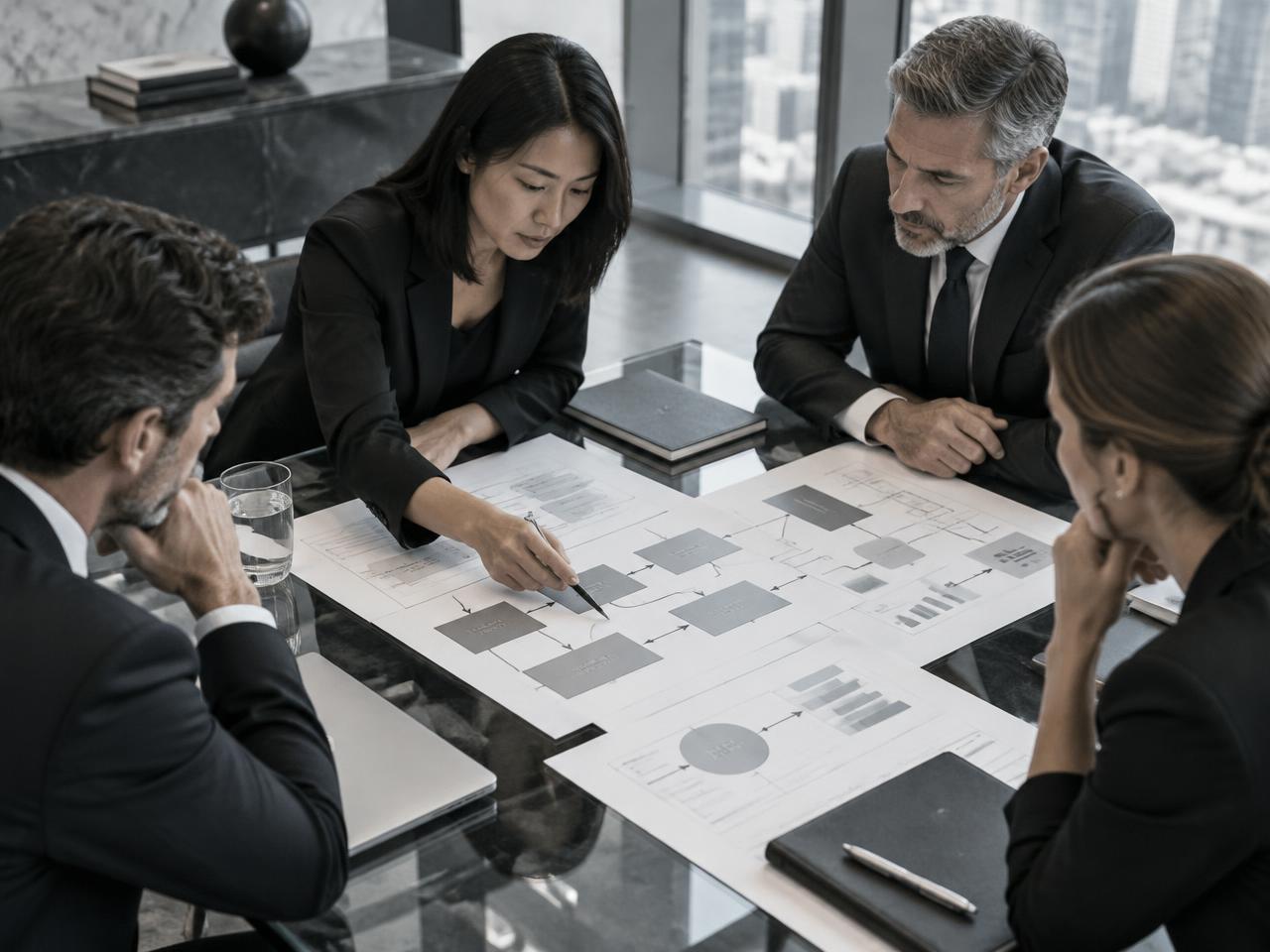 Executive team mapping a business workflow across a detailed process diagram